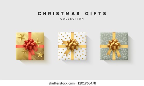 Christmas collection of gift box with bow and ribbon, is packed in funny foil pattern winter.