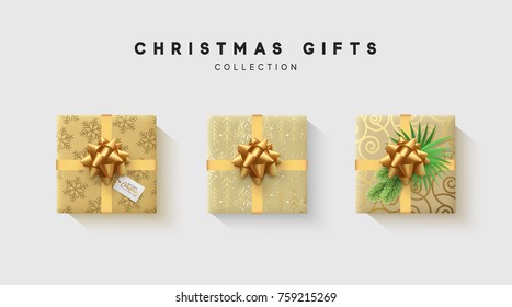 Christmas collection of gift box with bow and ribbon, is packed in funny foil pattern winter.