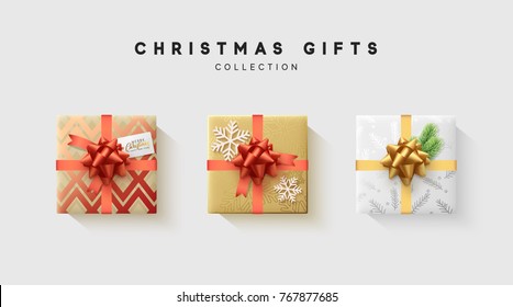 Christmas collection of gift box with bow and ribbon, is packed in funny foil pattern winter. Christmas collection of gift box with bow and ribbon, is packed in funny foil pattern winter.