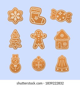 Christmas collection gingerbread cookies figures. A large set of Christmas gingerbread: houses, crescent moon, man, snowflakes, sock, tree, bell, star, New Year's ball. Vector illustration.