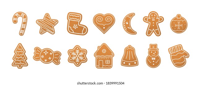 Christmas collection gingerbread cookies figures. A large set of Christmas gingerbread: houses, crescent moon, man, snowflakes, sock, tree, bell, star, New Year's ball. Vector illustration.