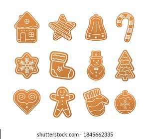 Christmas collection gingerbread cookies figures. A large set of Christmas gingerbread: houses, crescent moon, man, snowflakes, sock, tree, bell, star, New Year's ball. Vector illustration.