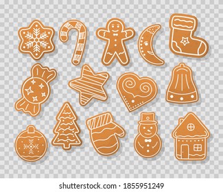 Christmas collection gingerbread cookies figures. A large set of Christmas gingerbread: houses, crescent moon, man, snowflakes, sock, tree, bell, star, New Year's ball. Vector illustration.