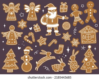 Christmas collection gingerbread cookies figures. A large set of Christmas gingerbread: house, man, snowflakes, sock, tree, angel, rabbit, star, Christmas tree. Vector illustration.