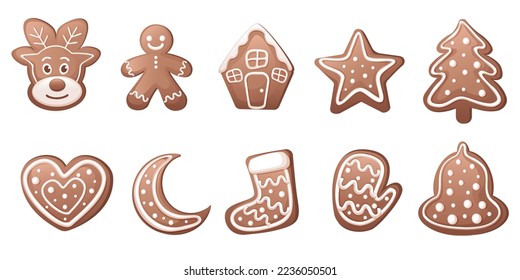 Christmas collection gingerbread cookies figures. A large set of Christmas gingerbread: houses, crescent moon, mitten, man, reindeer, sock, tree, bell, star. Vector flat illustration. New Year decor