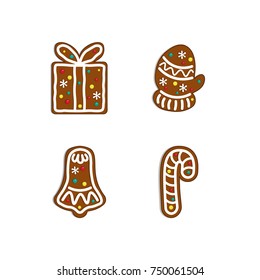 Christmas collection. Gingerbread gift box, candy, bell, winter warm mitten. Vector illustration.
