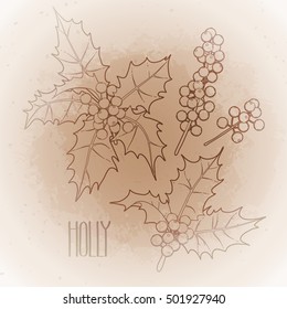 Christmas collection of graphic holly leaves and berries drawn in line art style. isolated on the vintage background in ocher colors.