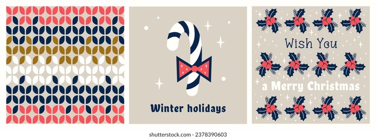 Christmas collection greeeting cards. Color Traditional knitting pattern. Sweet candy cane with red bow. Spruce branches with festive lettering. Vector flat illustration for winter holiday