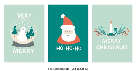 Christmas Collection Greeting Cards in Modern Minimalistic Scandinavian Style. Illustration of Santa Claus, Candle, Fir Branches, Snowman and Snowball.