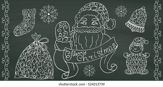 Christmas collection of hand drawing design elements on chalkboard background. Vector illustration