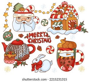 Christmas collection of hand drawn vector illustrations. Santa's elf, gifts, candies, twinkle, gingerbread, house, holiday cupcake and other traditional symbols of Christmas and New Year.