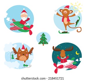Christmas collection of the holiday cheerful characters. Santa in an airplane, monkey skiing, owl with skates and an elk in other airplane. Happy Holidays!
