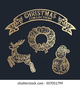 Christmas collection. Icons with mandala ornament. Vector illustration