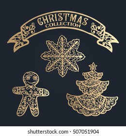 Christmas collection. Icons with mandala ornament. Vector illustration