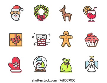 Christmas collection of items, Santa and wreath with bow, reindeer and cocktail, present and chimney, angel and icon of green bag vector illustration