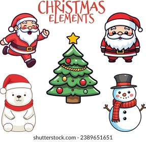 Christmas Collection for Kids: Cute Santa Claus, Polar Bear, Snowman, and Christmas Tree in Flat Design