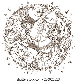 Christmas collection. Merry Christmas holiday icons vintage circle composition. Vector file organized in layers for easy editing. Design element for Christmas card. Celebration background. 