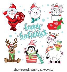 Christmas collection with Christmas mouse, deer, llama, penguin and santa claus on a white background