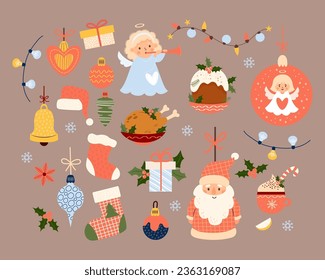 Christmas collection. New Year Santa Claus, bell and balls toys, garland, stocking little angel, gift and xmas food. Vector illustration. Isolated holiday New Year cartoon elements for design.