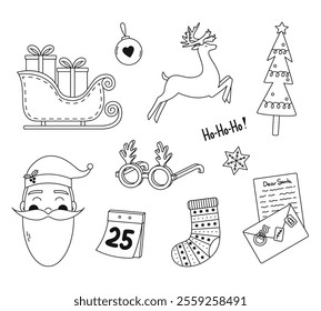 Christmas collection of outlines, lines. Holiday Icons. Black and white line illustrations. Santa, reindeer, New Year