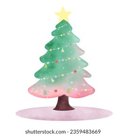 Christmas collection a pastel cute Christmas tree and decorative ball lights watercolor technique. Vector illustration drawing.