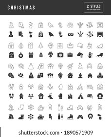 Christmas. Collection of perfectly simple monochrome icons for web design, app, and the most modern projects. Universal pack of classical signs for category Holidays.