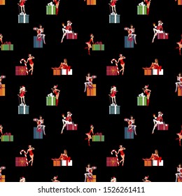 Christmas collection. pin up girl and gift box seamless pattern.
Black  background.For fabric ,book, wallpaper , card design. Noel.santa.vector.illustration.