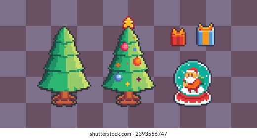 The Christmas collection pixel art of Christmas tree, Christmas globe and Gifts, asset for game, banner, artwork, vector illustration isolated on grid background.