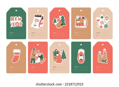 Colección navideña de etiquetas imprimibles para envolver regalos. Juego de etiquetas de Navidad. Ilustración vectorial.