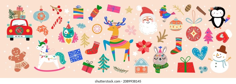 Christmas collection in retro style. With traditional xmas elements santa claus, unicorn, penguin, new year decorations. Vector illustration