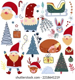 Christmas collection with Santa Claus, cute winter deer, Christmas tree, colorful leaves, pine branches, snow and other. Concept Christmas and New Year. Funny cartoon characters. Vector.