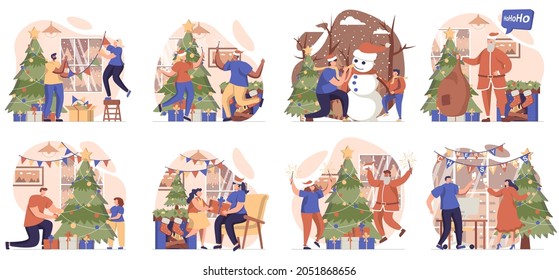 Christmas collection of scenes isolated. People decorate festive tree and celebrate holiday at home, set in flat design. Vector illustration for blogging, website, mobile app, promotional materials.