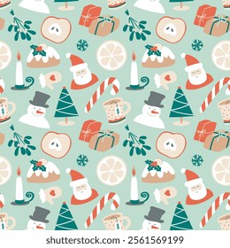 Christmas Collection Seamless Pattern. Collection of Festive Elements Santa, Hat, Christmas Tree, Gift, Candle, Tea, Mistletoe, Snowman, Panettone.