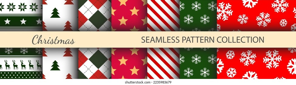 Christmas Collection Seamless Pattern for print. Gift cards, wrapping paper and backgrounds. Decorative graphics with stars, flakes, reindeer, christmas tree. Ornamental designs holiday celebration.