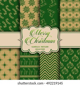 Christmas Collection of seamless patterns with green and golden colors. Vector illustration for your design
