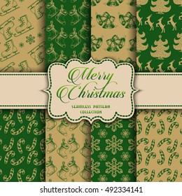 Christmas Collection of seamless patterns with green and golden colors. Vector illustration for your design