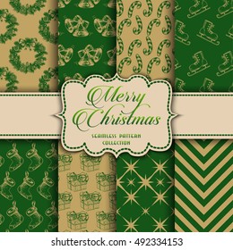 Christmas Collection of seamless patterns with green and golden colors