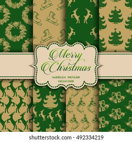 Christmas Collection of seamless patterns with green and golden colors. Vector illustration for your design