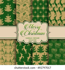 Christmas Collection of seamless patterns with green and golden colors. Vector illustration for your design