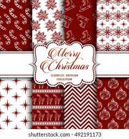 Christmas Collection of seamless patterns with red and white colors. Vector illustration for your design
