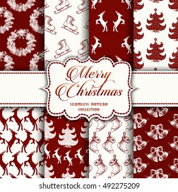 Christmas Collection of seamless patterns with red and white colors