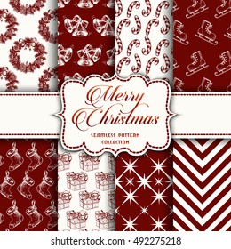 Christmas Collection of seamless patterns with red and white colors