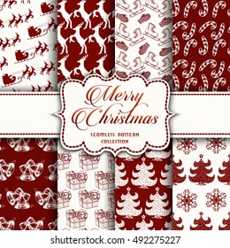 Christmas Collection of seamless patterns with red and white colors