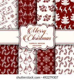Christmas Collection of seamless patterns with red and white colors. Vector illustration for your design