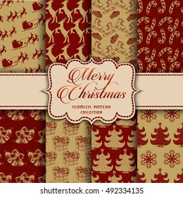 Christmas Collection of seamless patterns with red and golden colors. Vector illustration for your design