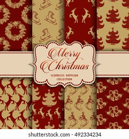 Christmas Collection of seamless patterns with red and golden colors. Vector illustration for your design