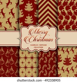 Christmas Collection of seamless patterns with red and golden colors. Vector illustration for your design