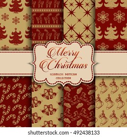 Christmas Collection of seamless patterns with red and golden colors