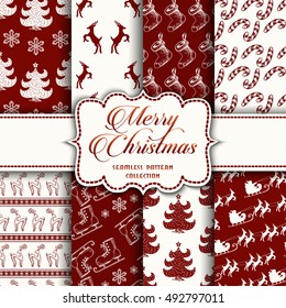 Christmas Collection of seamless patterns with red and white colors. Vector illustration for your design
