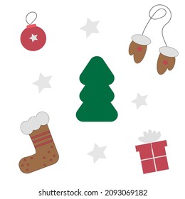 Christmas collection with seasonal elements green tree, brown mittens and sock, Christmas tree toy, gift, stars vector image. pattern.